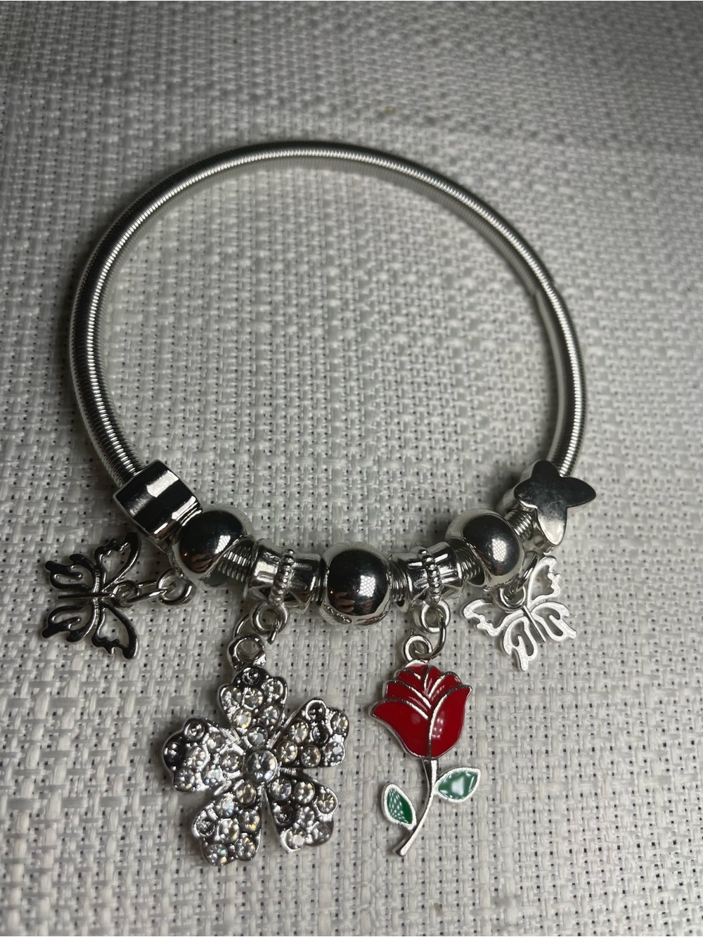 Silver Charm Bracelet with Red Rose & Crystal Flower Charms - Women Jewelry